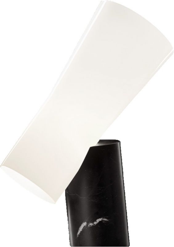 Nile Tischleuchte von Foscarini: Weißer Lampenschirm auf schwarzem Marquina Marmorfuß. Tischlampe für Wohnraum.